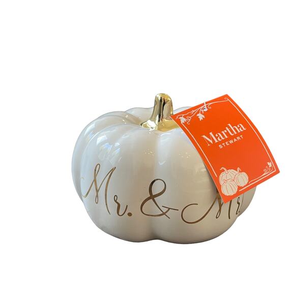 Martha Stewart MR. & MRS. Ceramic Pumpkin White Gold Stem Small Fall Decor NEW - Picture 10 of 10